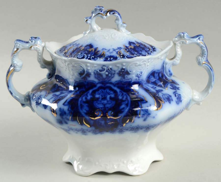 Florida (Flow Blue, Gold Accents) Sugar Bowl & Lid by Johnson Brothers-1