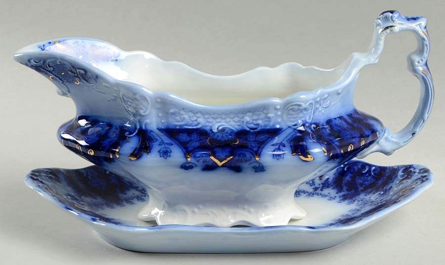 Florida (Flow Blue, Gold Accents) Gravy Boat & Underplate/Relish by Johnson Brothers-1