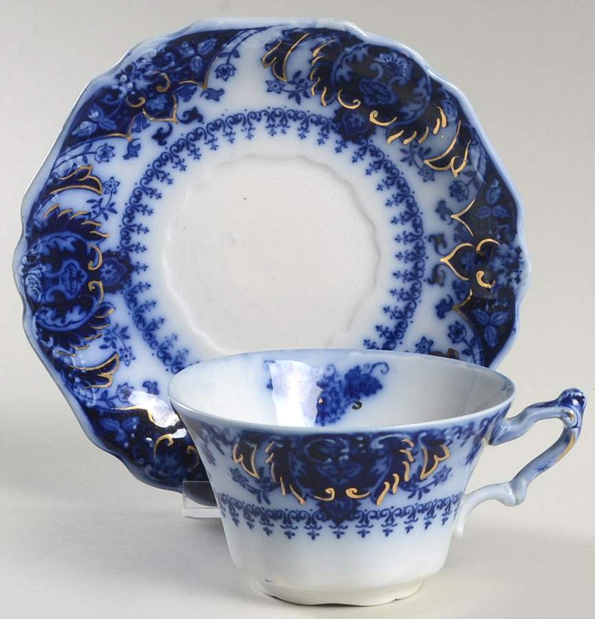Florida (Flow Blue, Gold Accents) Flat Cup & Saucer Set by Johnson Brothers-1