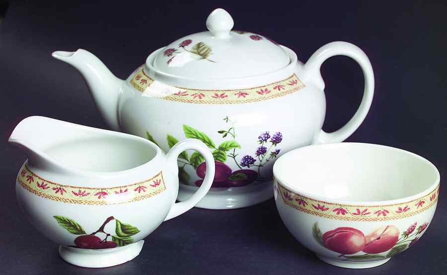 Fruit Sampler (Newer) (3 Pc) Tea Set (Creamer, Open Sugar, Teapot) by Johnson Brothers-1