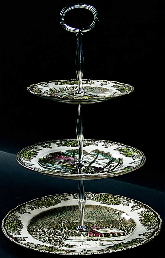 Friendly Village, The ("Made in England" Backstamp) 13 7/8"-14 1/4" 3-Tiered Serving Tray(DP,SP,BB) HC by Johnson Brothers-1