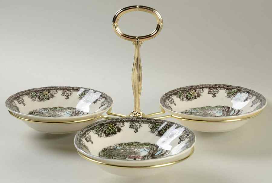 Friendly Village, The ("Made in England" Backstamp) 7" x 12" 3-Part Relish & Metal Stand (FR) HC by Johnson Brothers-1