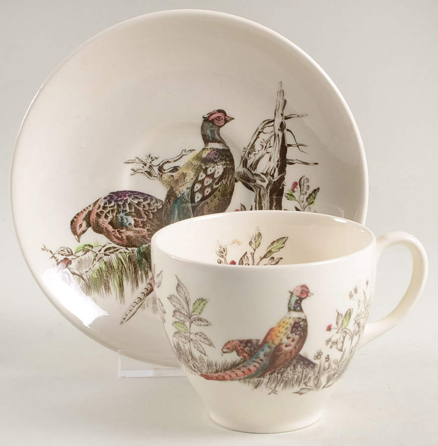 Game Birds Cream Flat Cup & Saucer Set by Johnson Brothers-1