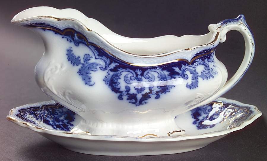 Georgia (Flow Blue, Gold Trim) Gravy Boat & Underplate/Relish by Johnson Brothers-1