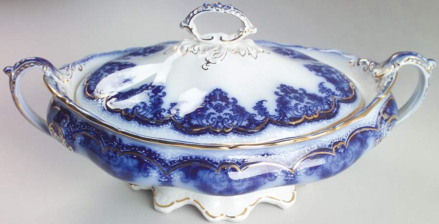 Georgia (Flow Blue, Gold Trim) Oval Covered Vegetable by Johnson Brothers-1