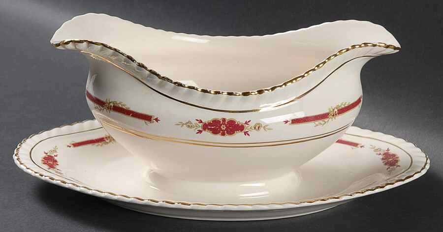 Guildford Maroon Gravy Boat with Attached Underplate by Johnson Brothers-1