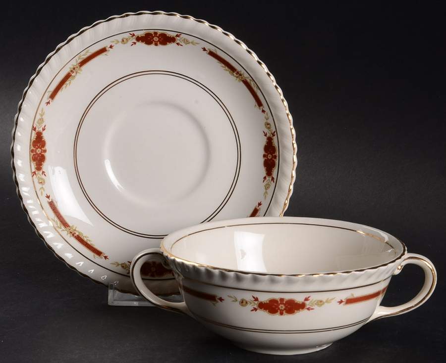 Guildford Maroon Flat Cream Soup Bowl & Saucer Set by Johnson Brothers-1