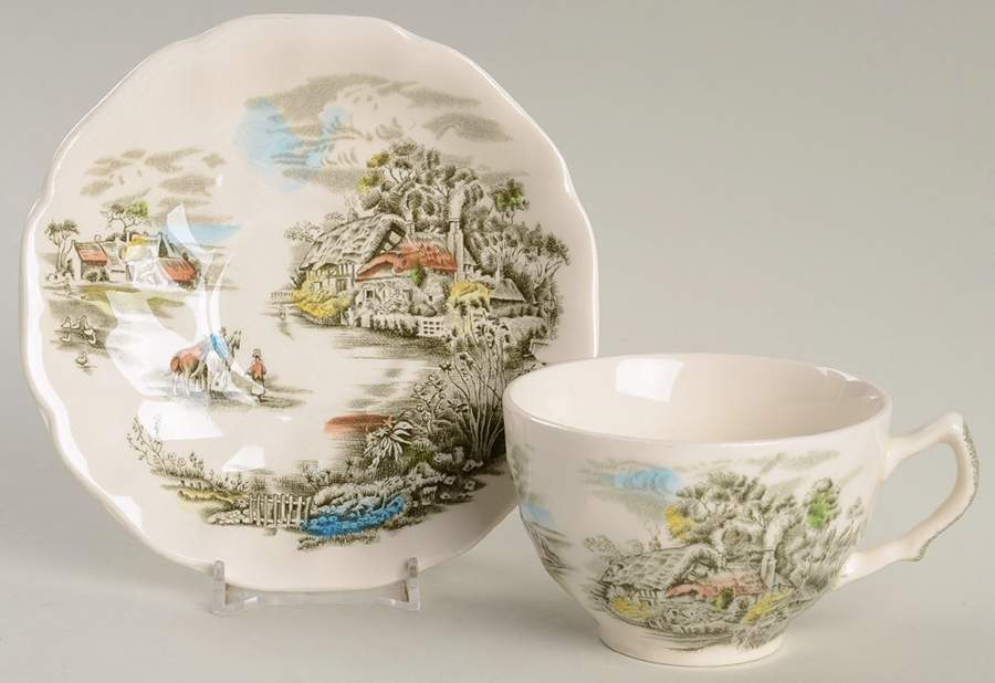 Happy England Green Multicolor Flat Cup & Saucer Set by Johnson Brothers-1