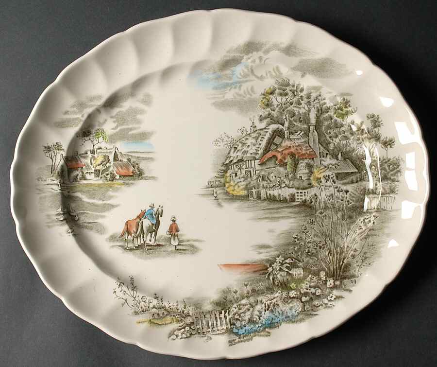 Happy England Green Multicolor 15" Oval Serving Platter by Johnson Brothers-1