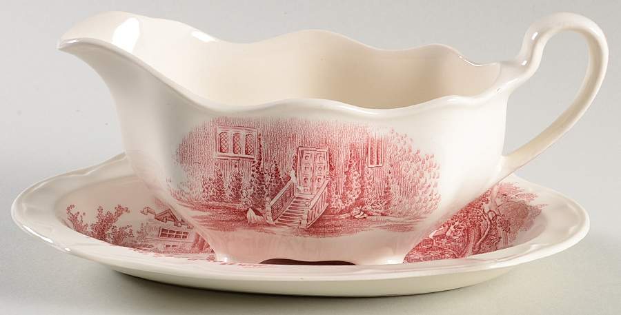 Haddon Hall Pink Gravy Boat & Underplate/Relish by Johnson Brothers-1