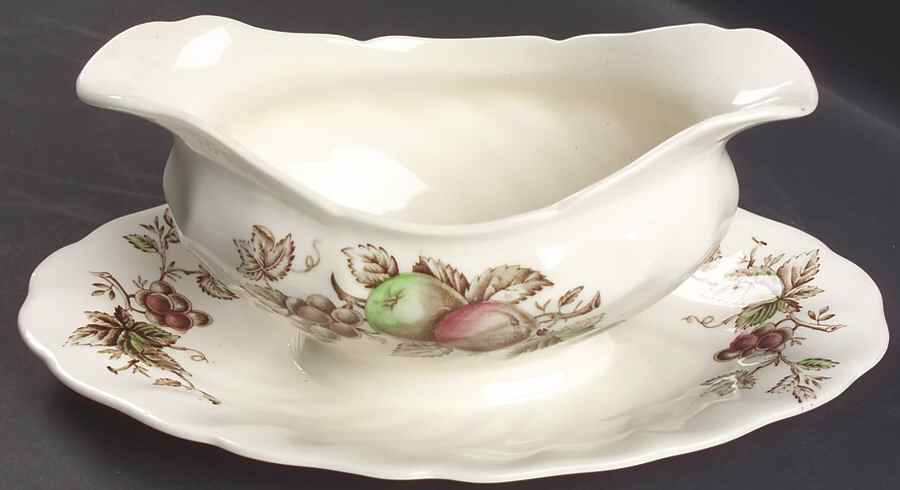Harvest Time Brown Multicolor Gravy Boat with Attached Underplate by Johnson Brothers-1