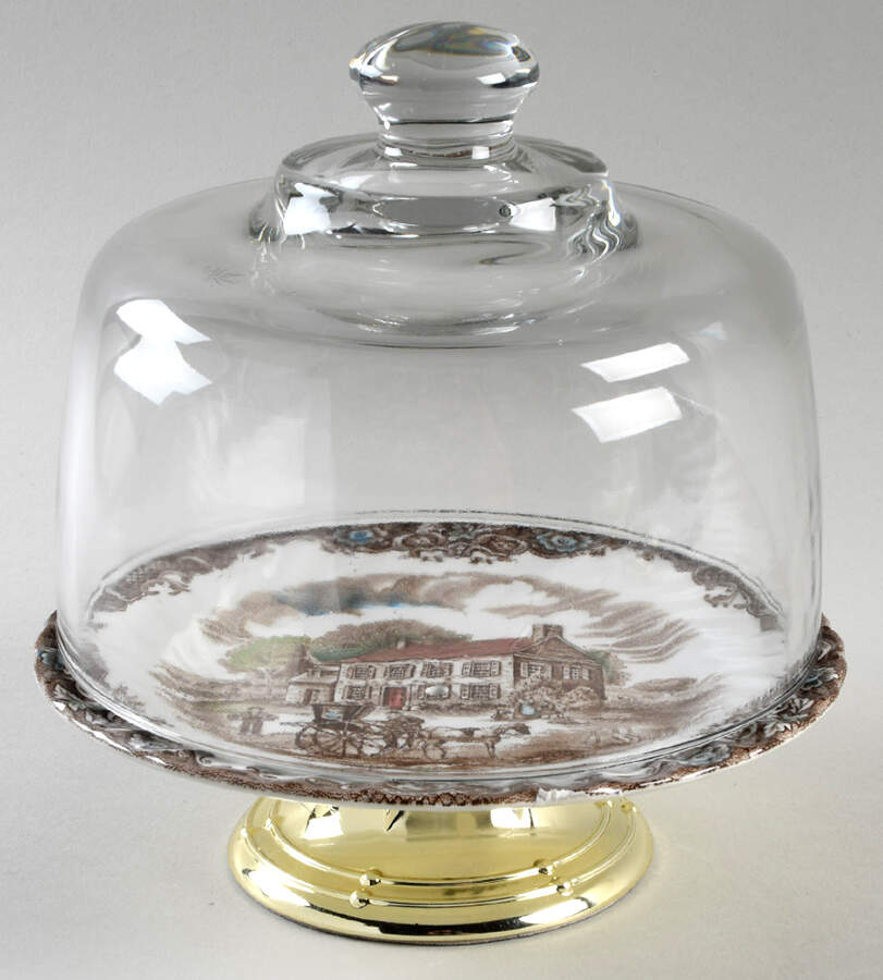 Heritage Hall Brown Multicolor 6 1/2"-7 1/2" Footed Cheese Plate w/ Glass Dome HC by Johnson Brothers-1