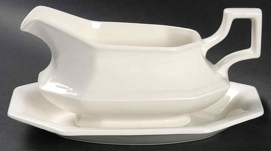 Heritage White ("Made in England" Stamp) Gravy Boat & Underplate/Relish by Johnson Brothers-1