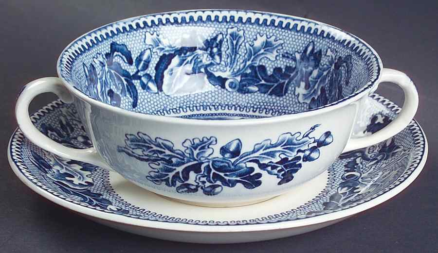 Historic America Blue Flat Cream Soup Bowl & Saucer Set by Johnson Brothers-1