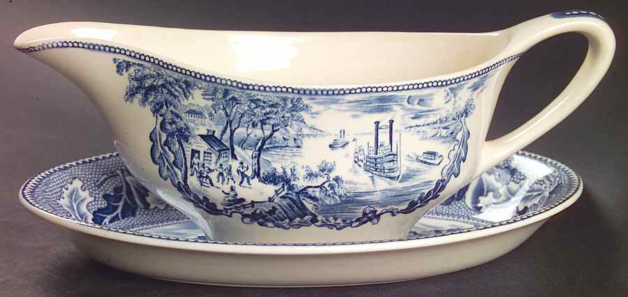 Historic America Blue Gravy Boat & Underplate/Relish by Johnson Brothers-1