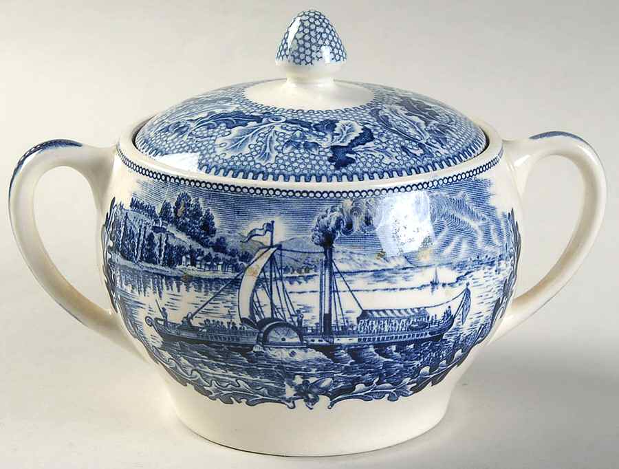 Historic America Blue Sugar Bowl & Lid by Johnson Brothers-1