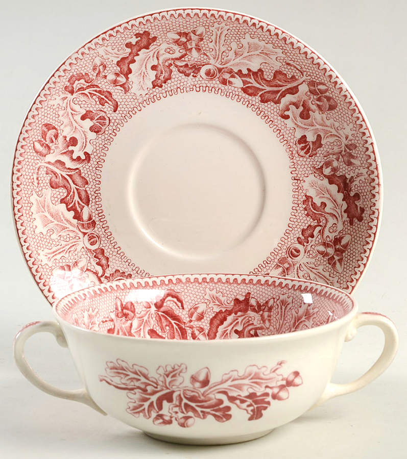 Historic America Pink Flat Cream Soup Bowl & Saucer Set by Johnson Brothers-1