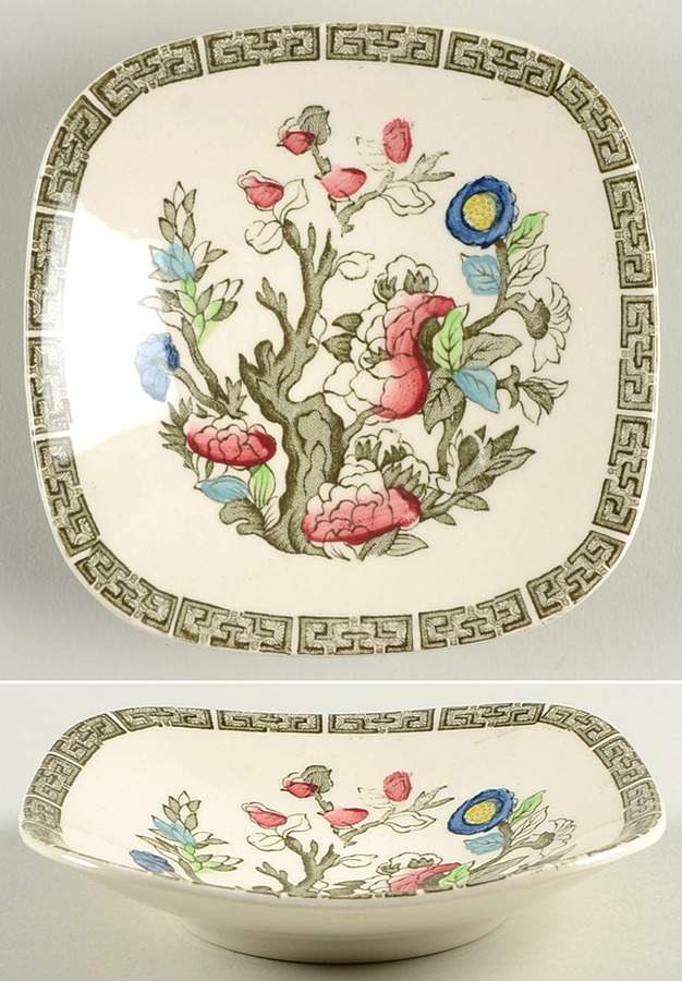 Indian Tree (Green Key, Cream-Off White) Small Square Ashtray by Johnson Brothers-1