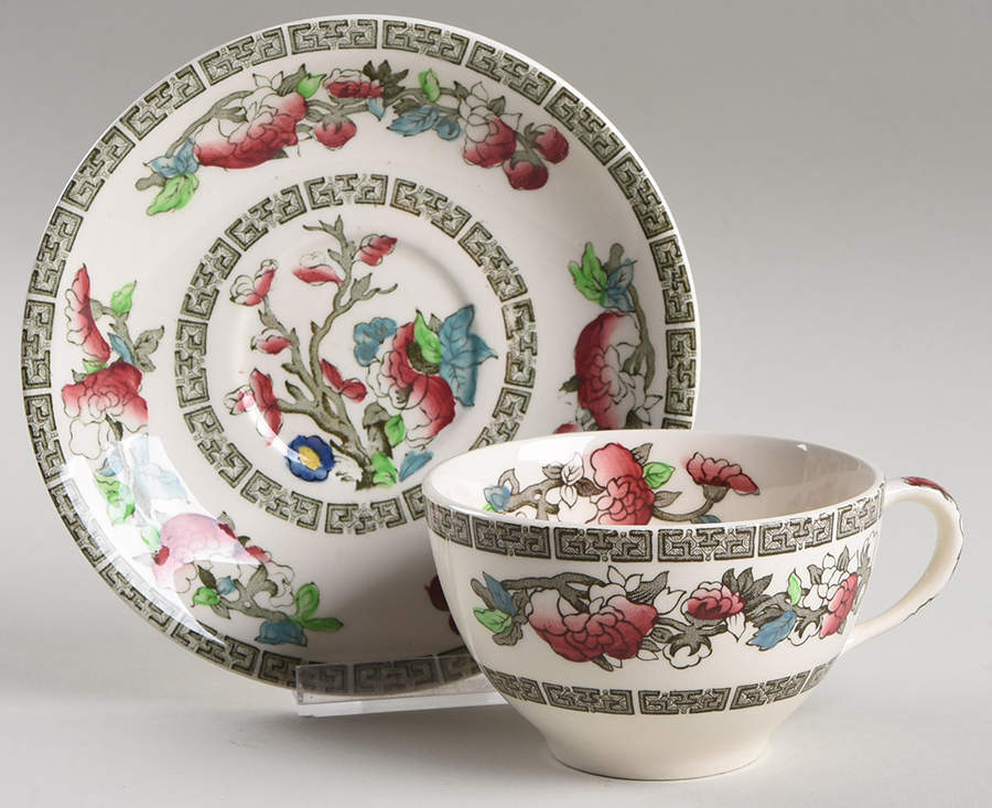 Indian Tree (Green Key, Cream-Off White) Flat Cup & Saucer Set by Johnson Brothers-1