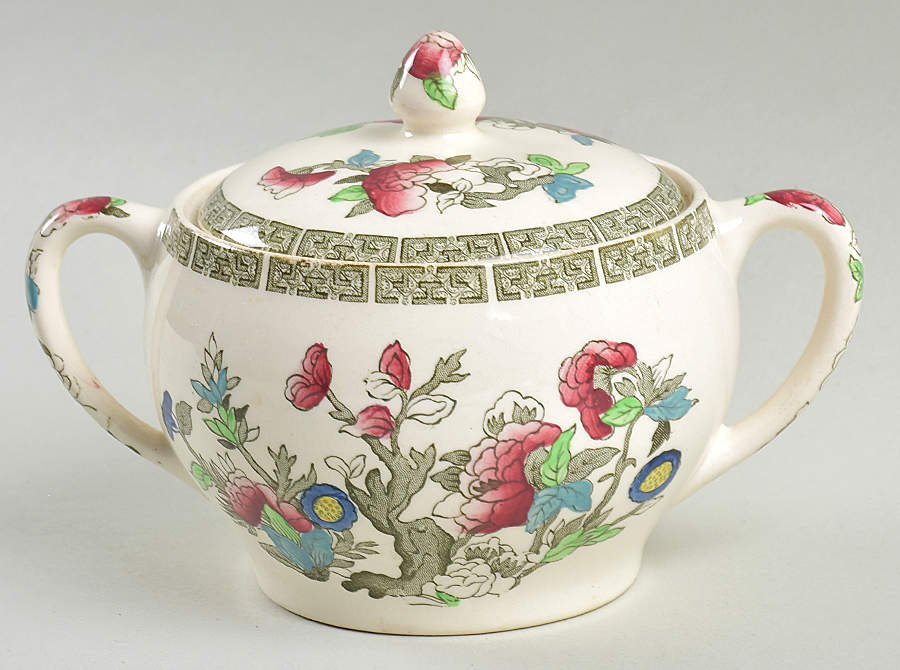 Indian Tree (Green Key, Cream-Off White) Sugar Bowl & Lid by Johnson Brothers-1