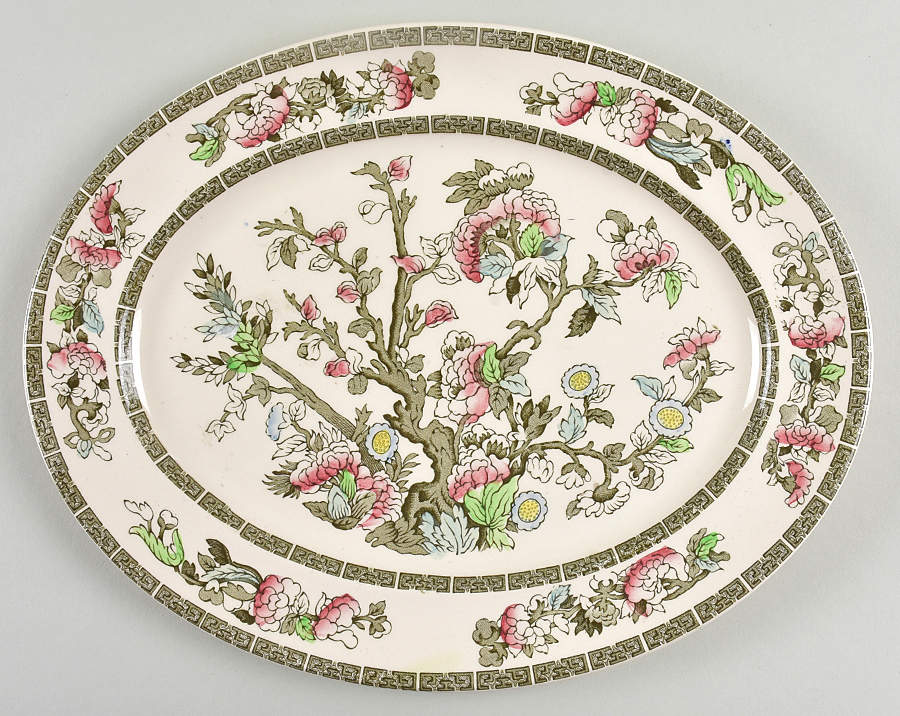 Indian Tree (Green Key, Cream-Off White) 12" Oval Serving Platter by Johnson Brothers-1