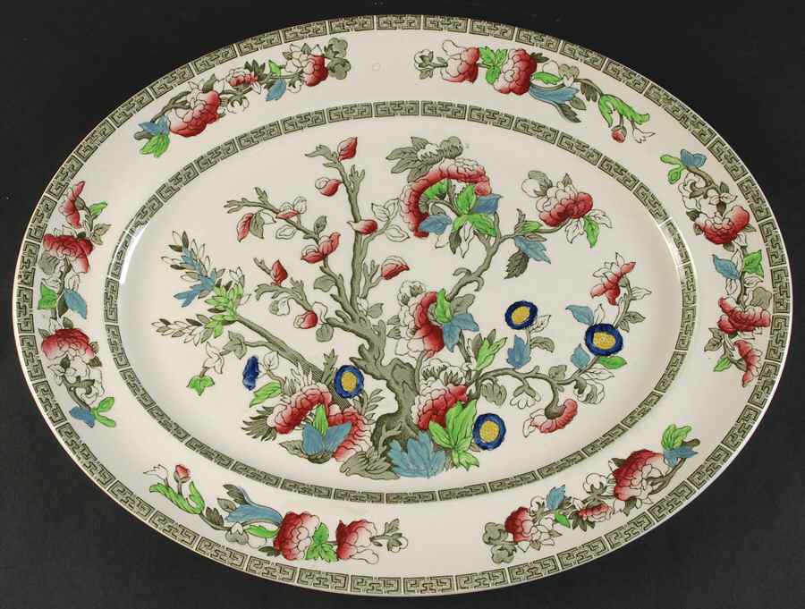 Indian Tree (Green Key, Cream-Off White) 15" Oval Serving Platter by Johnson Brothers-1