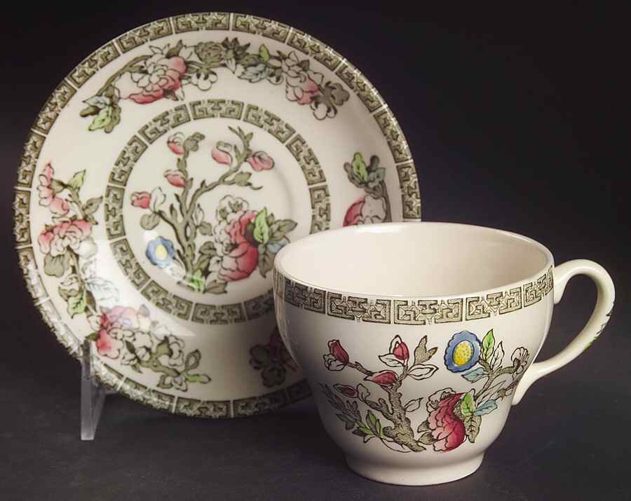 Indian Tree (Green Key, Cream-Off White) Flat Cup & Saucer Set by Johnson Brothers-1