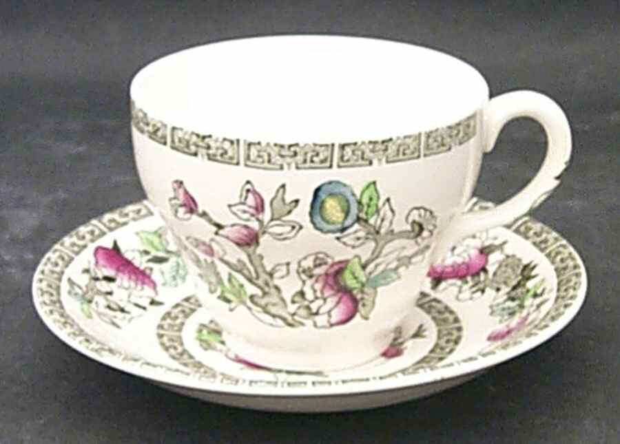 Indian Tree (Green Key, Cream-Off White) Flat Cup & Saucer Set by Johnson Brothers-1