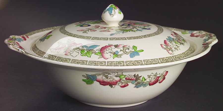 Indian Tree (Green Key, Cream-Off White) Round Covered Vegetable by Johnson Brothers-1