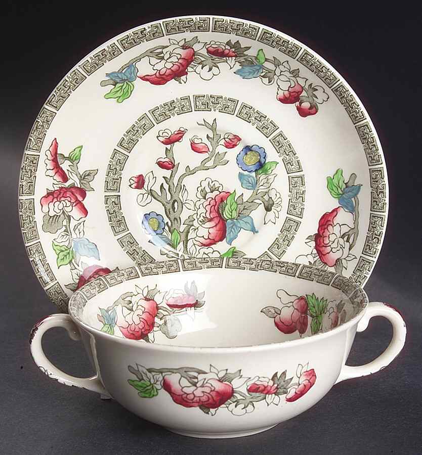 Indian Tree (Green Key, Cream-Off White) Flat Cream Soup Bowl & Saucer Set by Johnson Brothers-1