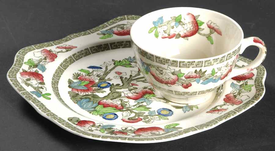 Indian Tree (Green Key, Cream-Off White) Snack Plate & Cup Set by Johnson Brothers-1
