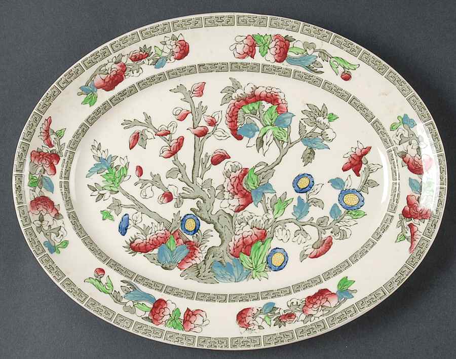 Indian Tree (Green Key, Cream-Off White) 10" Oval Serving Platter by Johnson Brothers-1