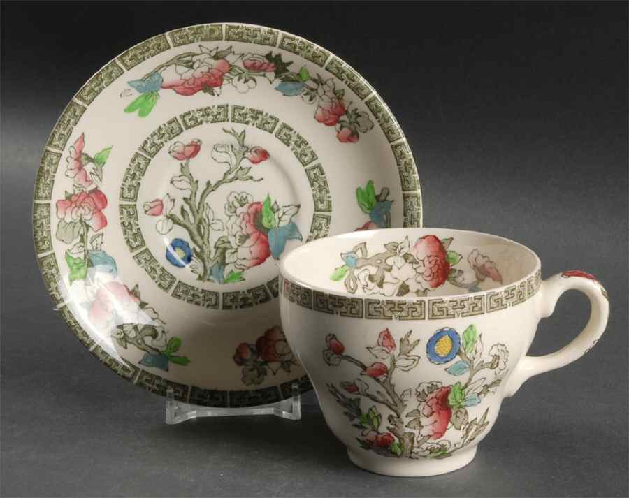 Indian Tree (Green Key, Cream-Off White) Flat Cup & Saucer Set by Johnson Brothers-1