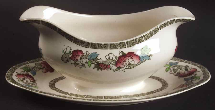 Indian Tree (Green Key, Cream-Off White) Gravy Boat with Attached Underplate by Johnson Brothers-1