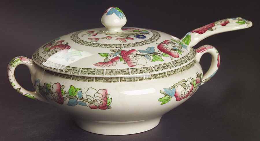 Indian Tree (Green Key, Cream-Off White) Sauce Boat & Lid with Ladle by Johnson Brothers-1