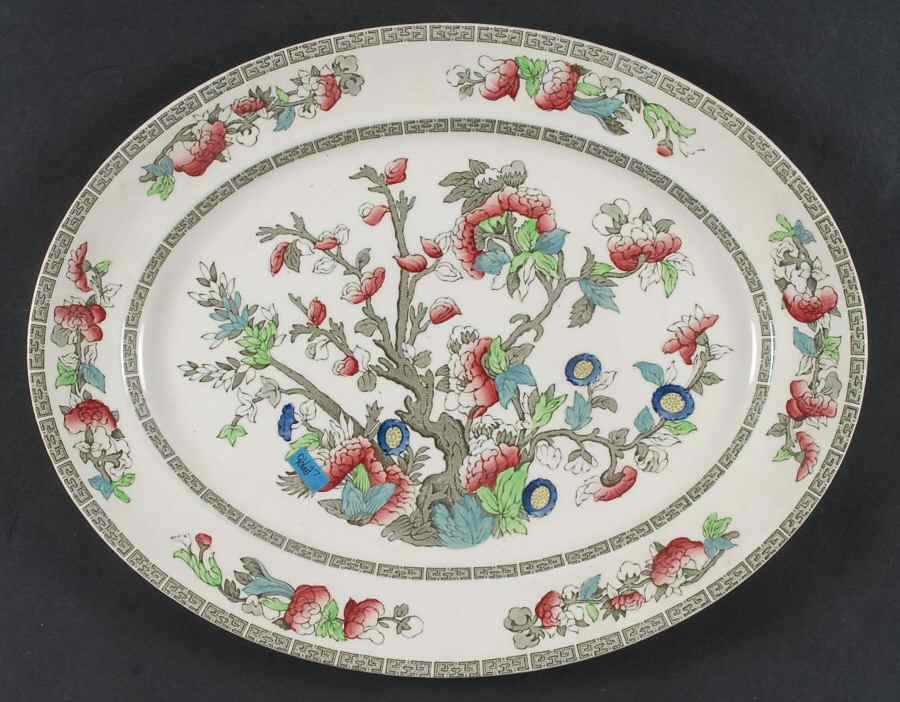 Indian Tree (Green Key, Cream-Off White) 14" Oval Serving Platter by Johnson Brothers-1