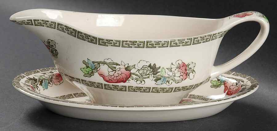 Indian Tree (Green Key, Cream-Off White) Gravy Boat & Underplate/Relish by Johnson Brothers-1