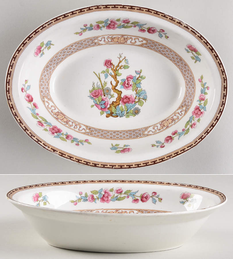 Indian Tree (Brown Key, White) 9" Oval Vegetable Bowl by Johnson Brothers-1