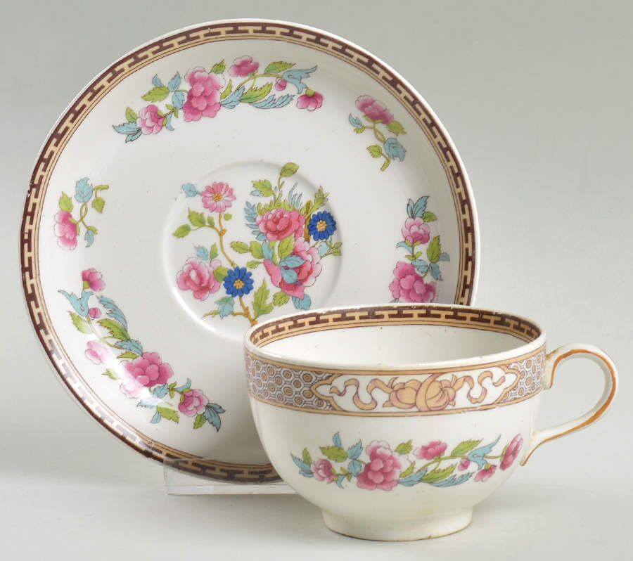 Indian Tree (Brown Key, White) Flat Cup & Saucer Set by Johnson Brothers-1