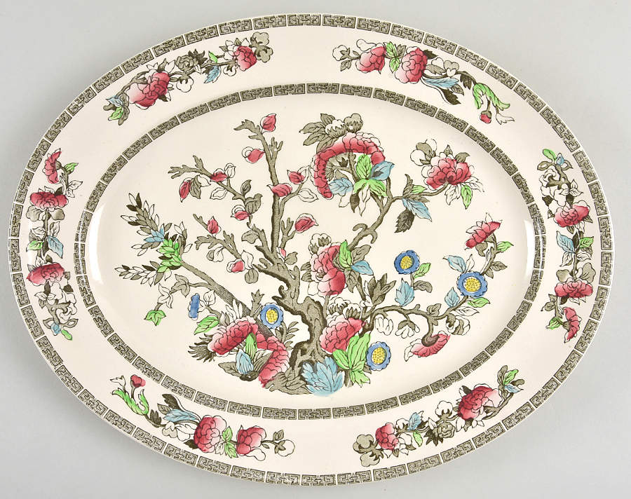 Indian Tree (Green Key, Paper White) 14" Oval Serving Platter by Johnson Brothers-1