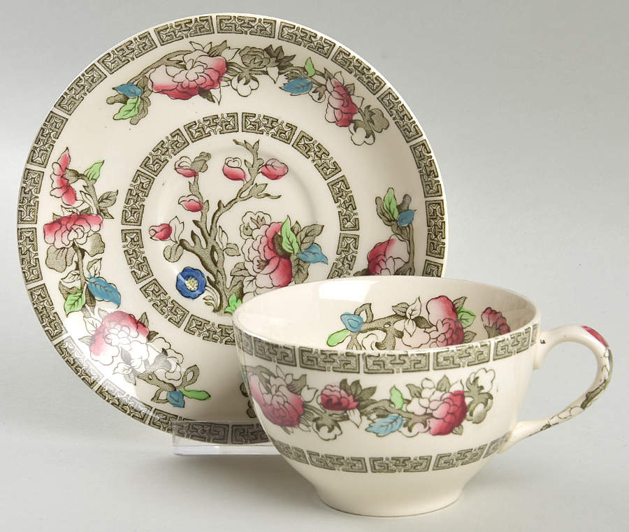 Indian Tree (Green Key, Paper White) Flat Cup & Saucer Set by Johnson Brothers-1