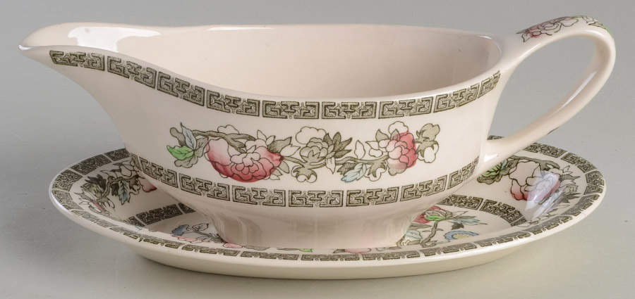 Indian Tree (Green Key, Paper White) Gravy Boat & Underplate/Relish by Johnson Brothers-1