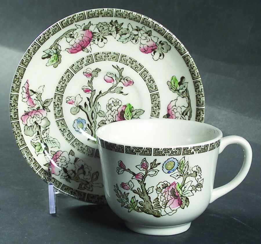Indian Tree (Green Key, Paper White) Flat Cup & Saucer Set by Johnson Brothers-1