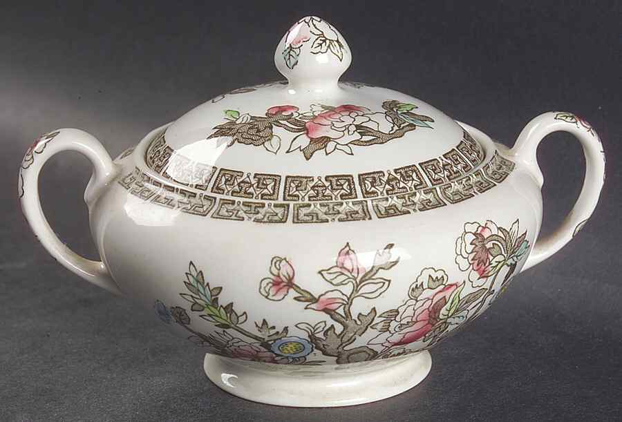 Indian Tree (Green Key, Paper White) Sugar Bowl & Lid by Johnson Brothers-1