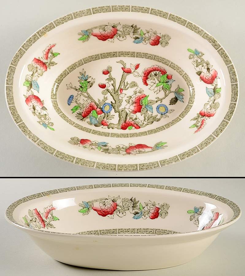 Indian Tree (Green Key, Paper White) 9" Oval Vegetable Bowl by Johnson Brothers-1