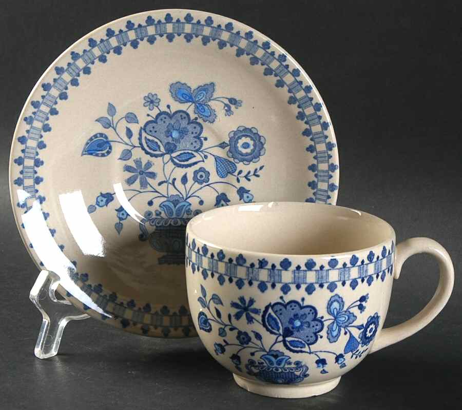 Jamestown Blue (Tan Background) Flat Cup & Saucer Set by Johnson Brothers-1