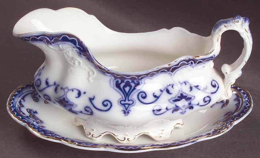 The Jewel (Flow Blue) Gravy Boat & Underplate/Relish by Johnson Brothers-1