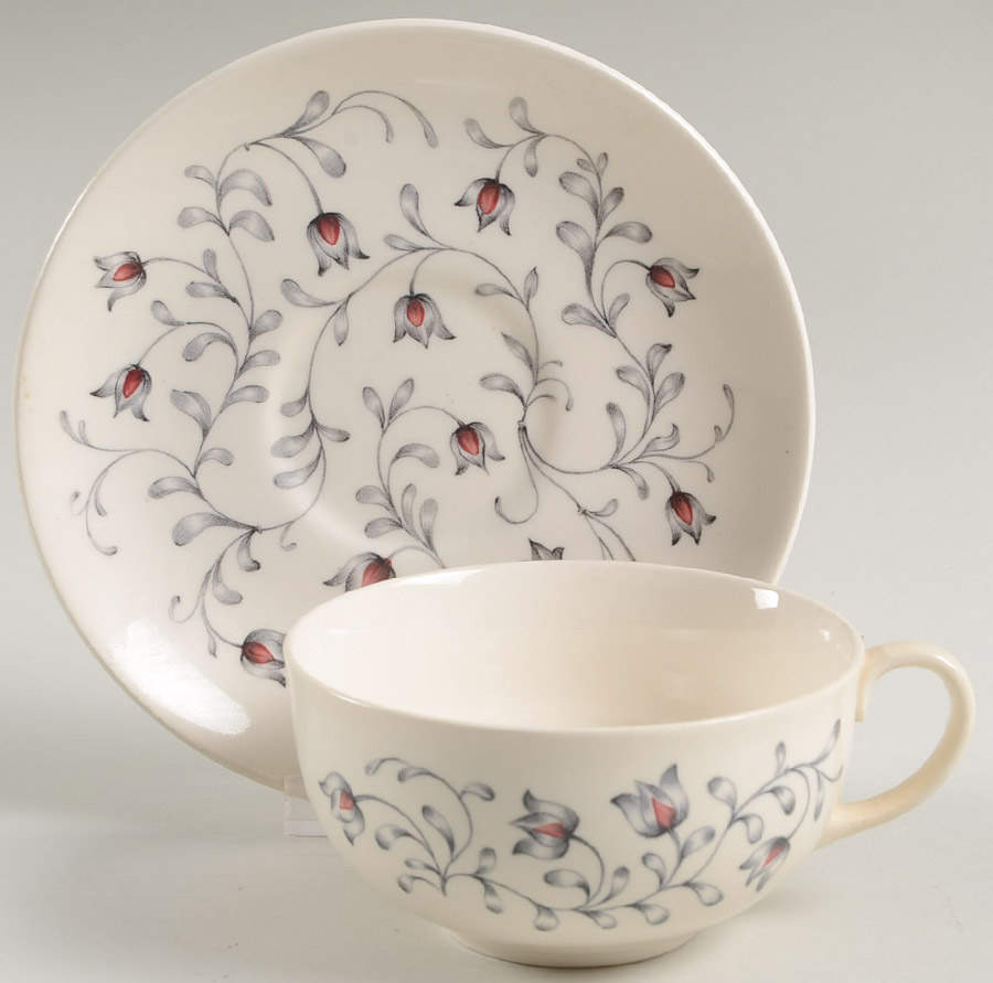Lace (Gray & Pink) Flat Cup & Saucer Set by Johnson Brothers-1