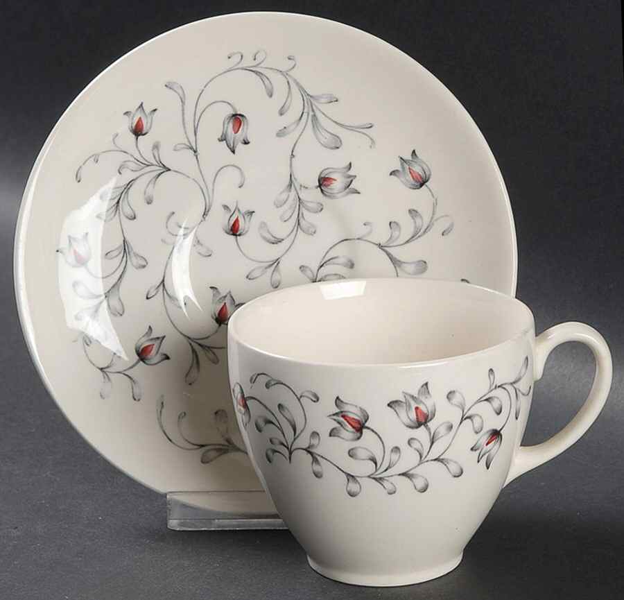 Lace (Gray & Pink) Flat Cup & Saucer Set by Johnson Brothers-1