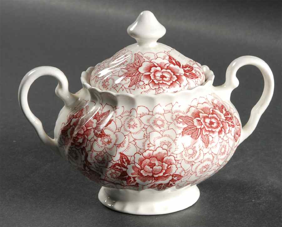 Lotus Red Pink Sugar Bowl & Lid by Johnson Brothers-1